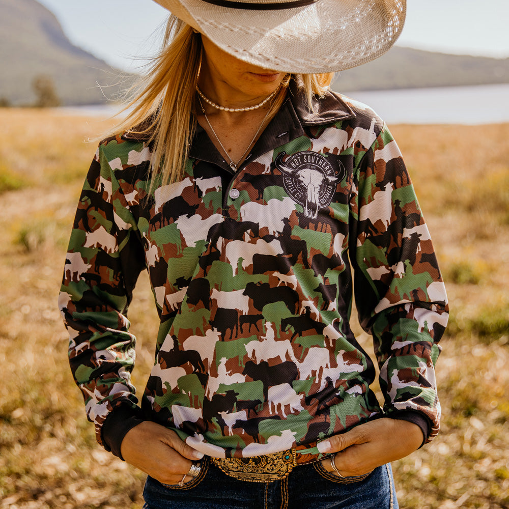Cattle Co Adults Fishing Shirt - Green Camo – Hot Southern Miss