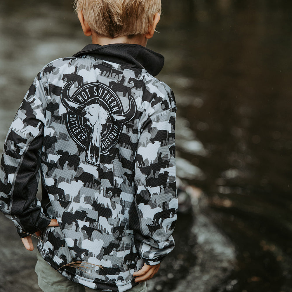 Cattle Co Kids Fishing Shirt - Grey Camo