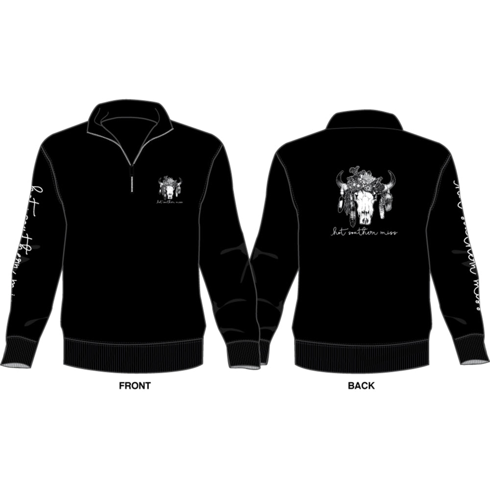 White Floral Cow Skull Unisex Fleece Black Half Zip