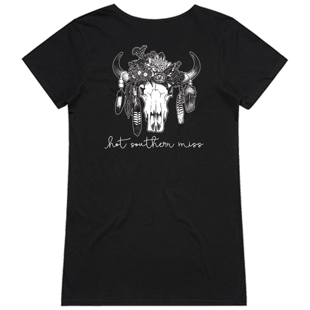 White Floral Cow Skull Ladies V-Neck Black Tee
