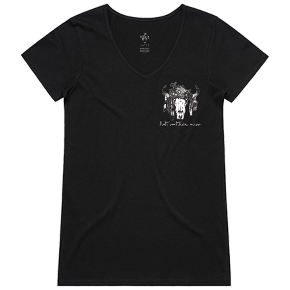 White Floral Cow Skull Ladies V-Neck Black Tee