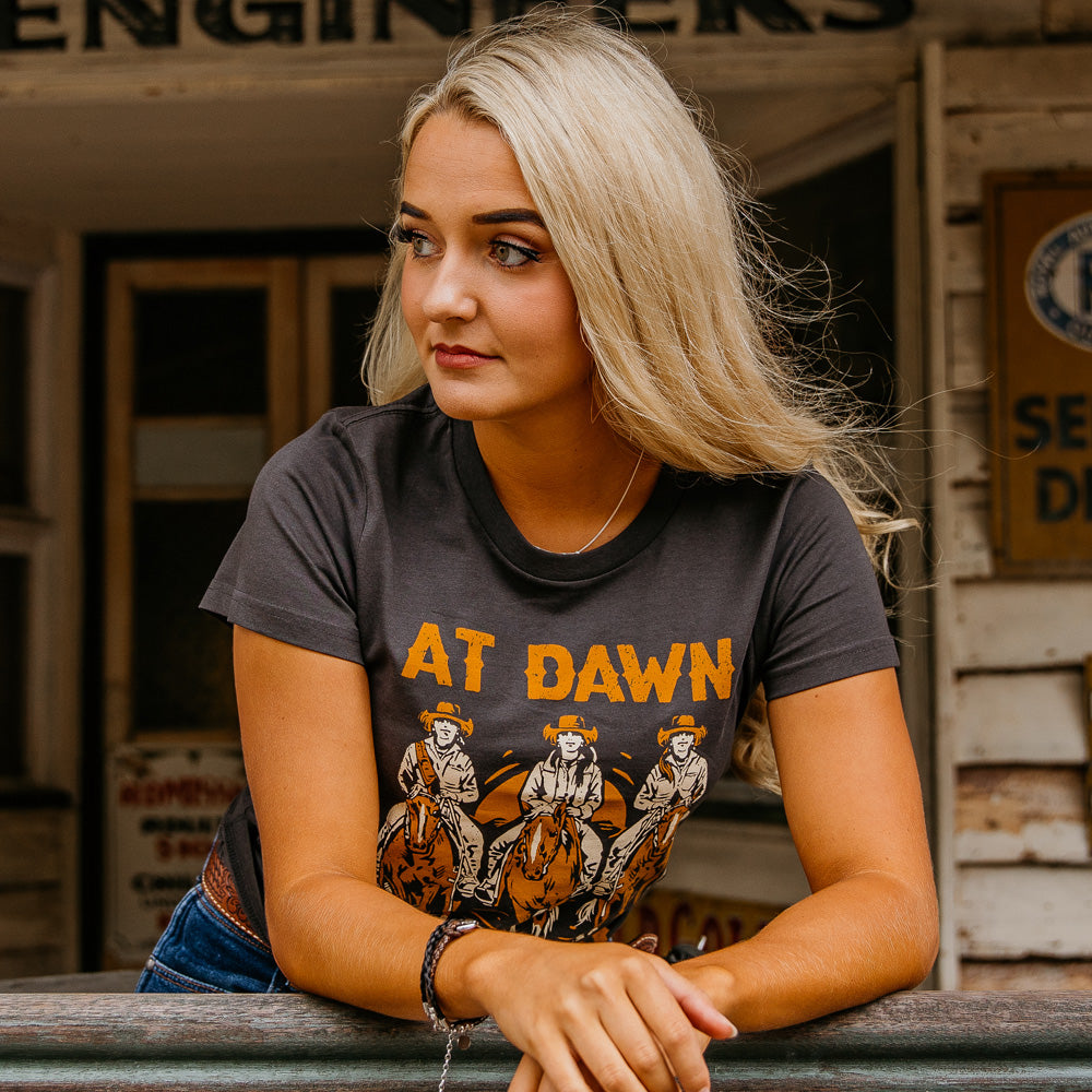 At Dawn We Ride Ladies Dusty Black Tee