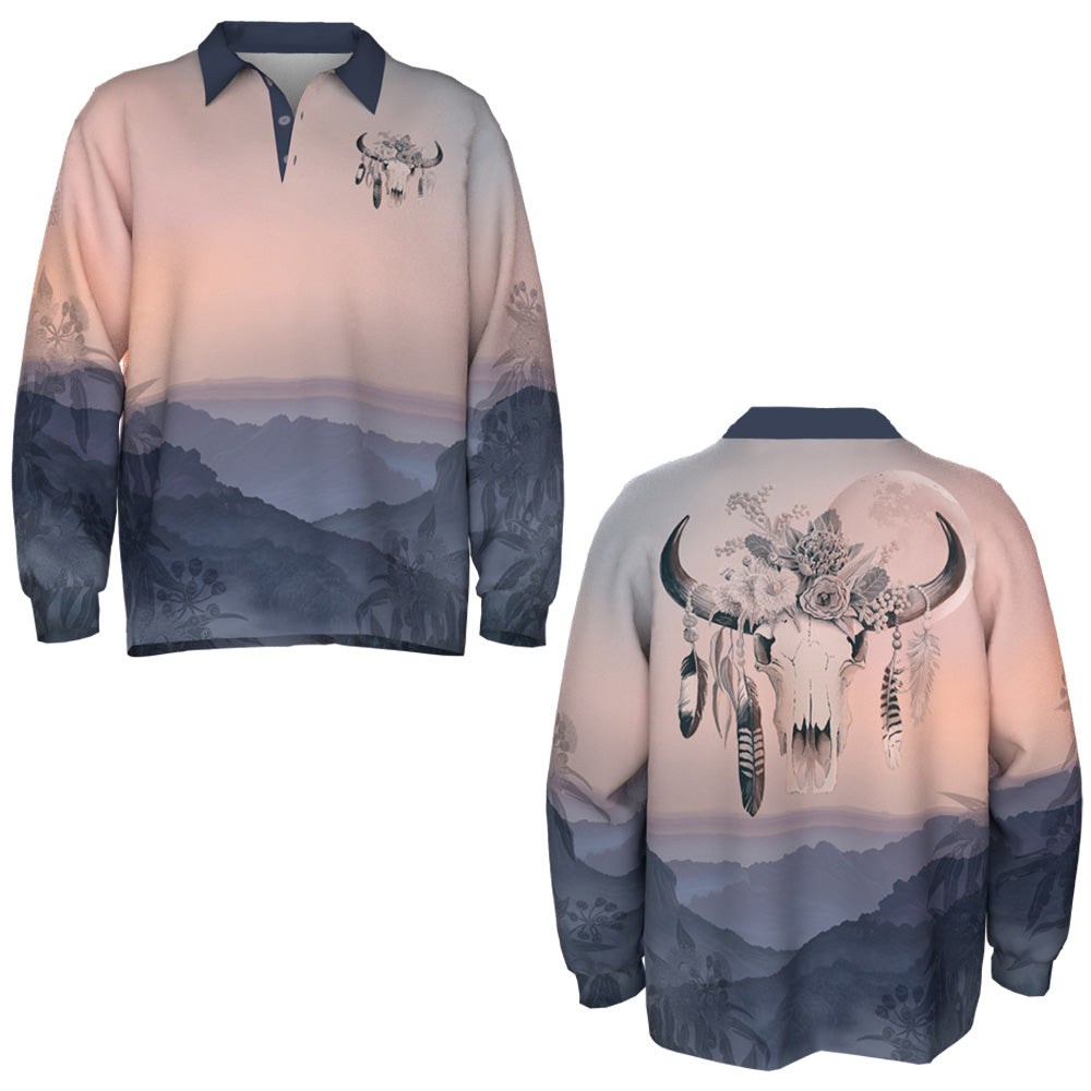 Australian Floral Cow Skull Adults Fishing Shirt - Dawn