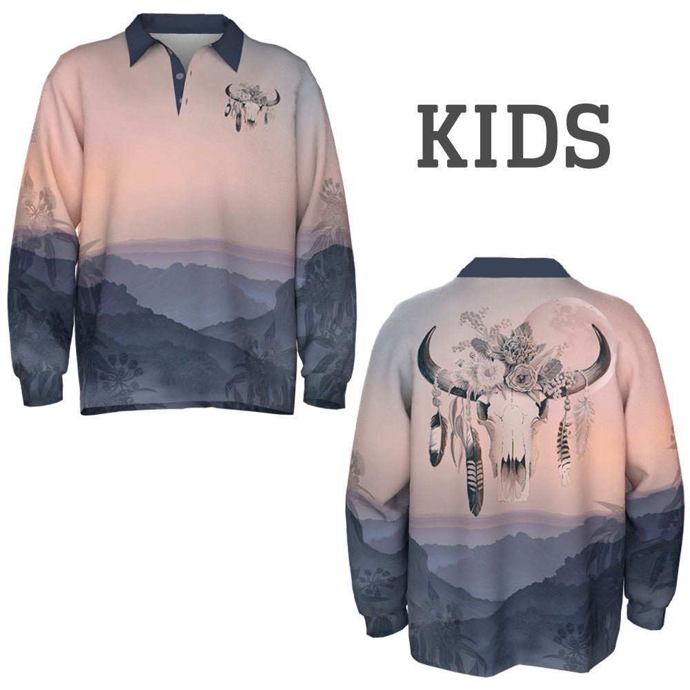 Australian Floral Cow Skull Kids Fishing Shirt - Dawn