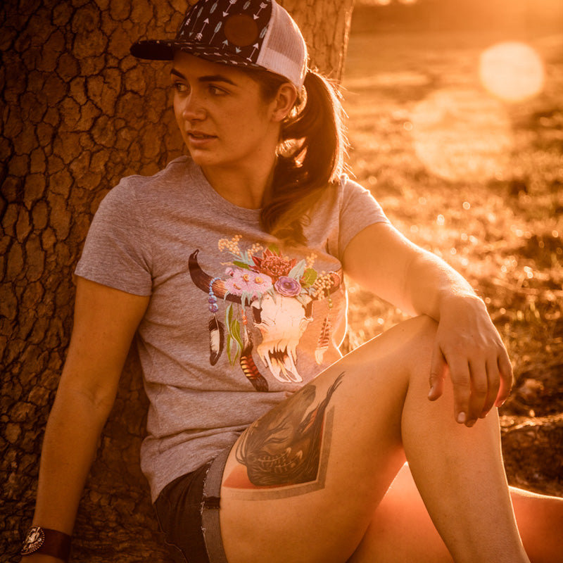 Australian Floral Cow Skull Ladies Grey Marle Tee