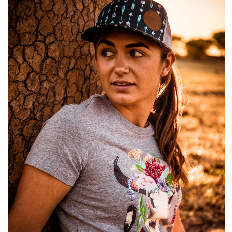 Australian Floral Cow Skull Ladies Grey Marle Tee