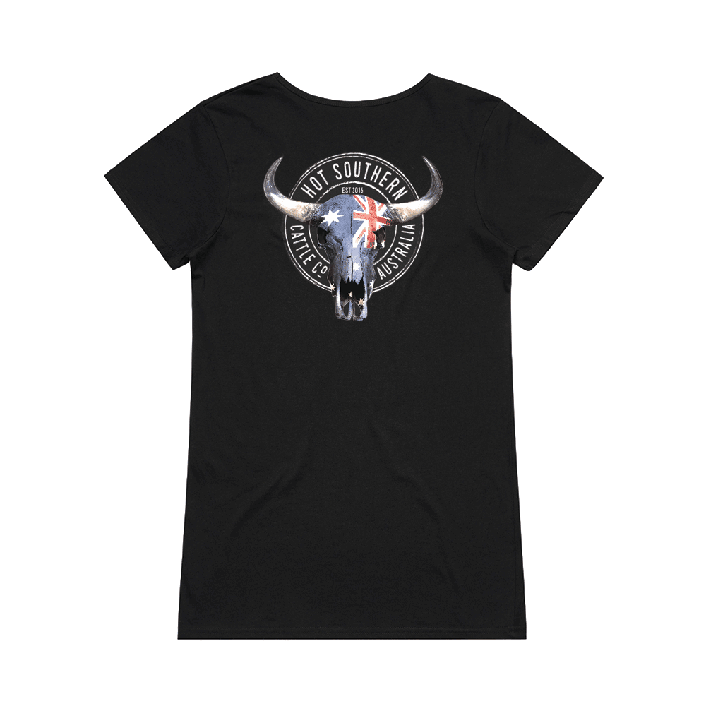 Aussie Flag Cattle Co Ladies V-Neck Black Tee