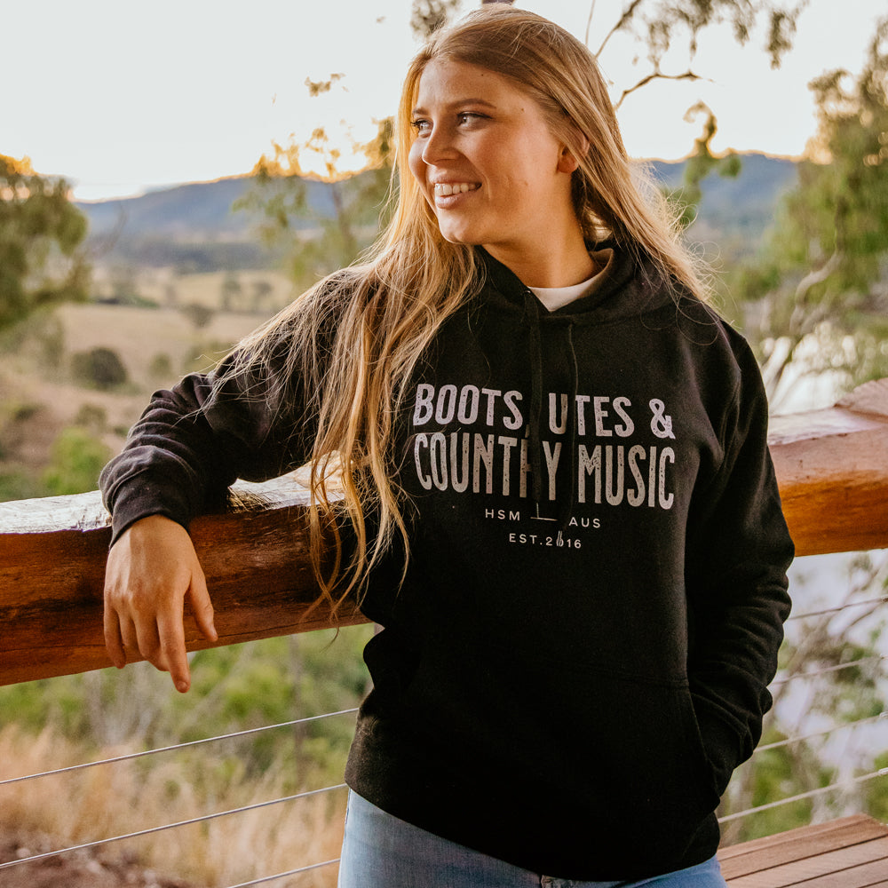 Boots, Utes & Country Music Unisex Fleece Black Hoodie