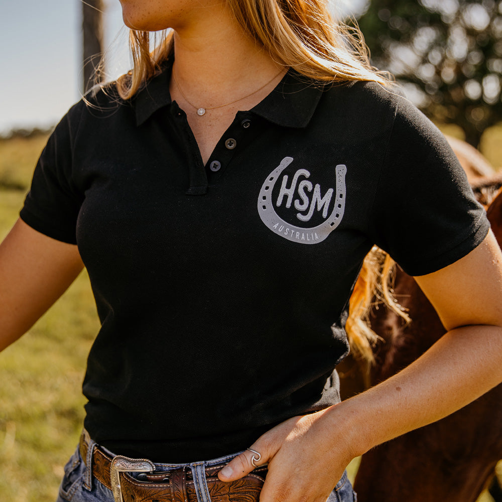 Campdraft Co Ladies Black Pique Polo