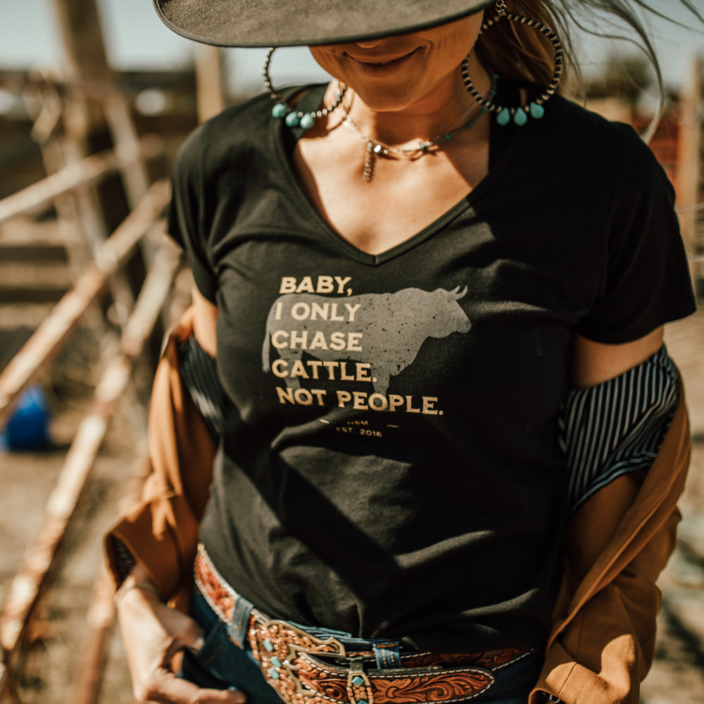 Chase Cattle Ladies V-Neck Black Tee