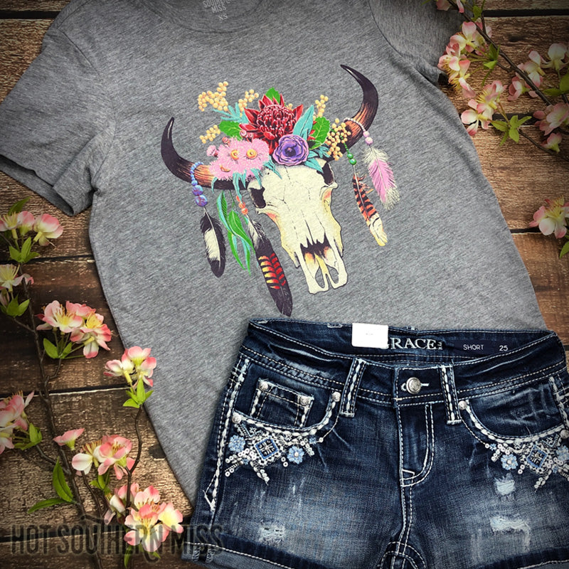 Australian Floral Cow Skull Ladies Grey Marle Tee