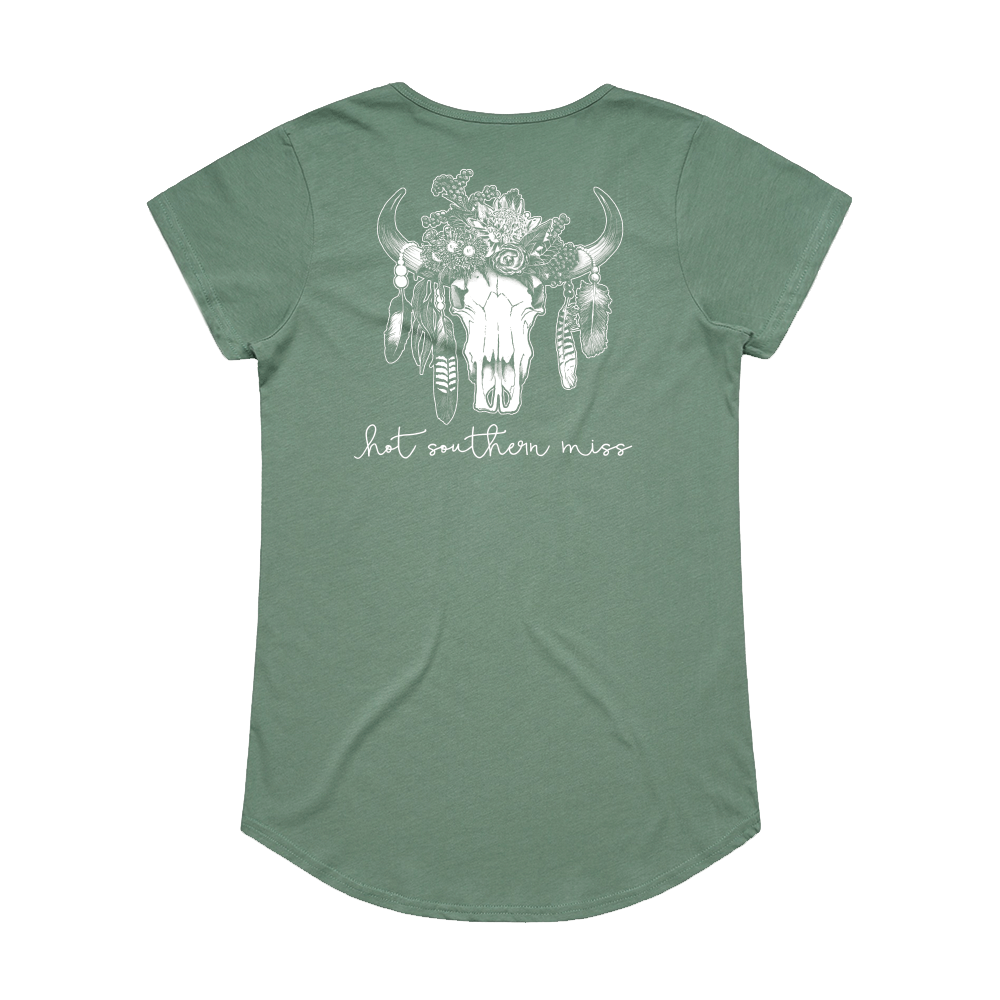 White Floral Cow Skull Ladies Scoop Sage Tee