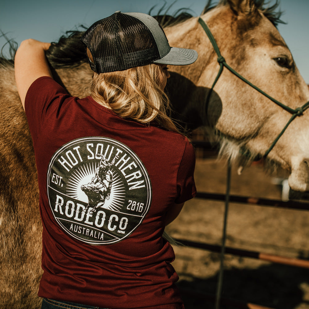 Bull Rodeo Co Ladies Scoop Maroon Tee
