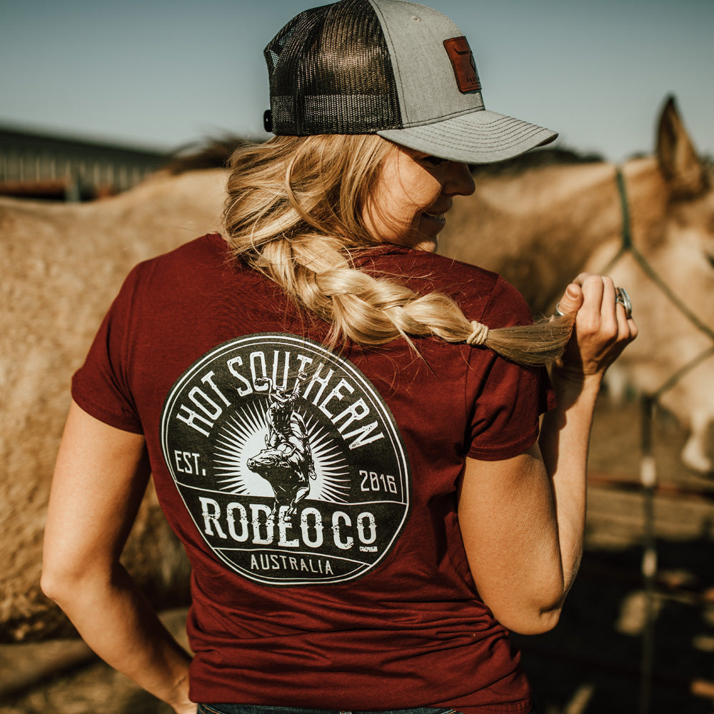 Bull Rodeo Co Ladies Scoop Maroon Tee