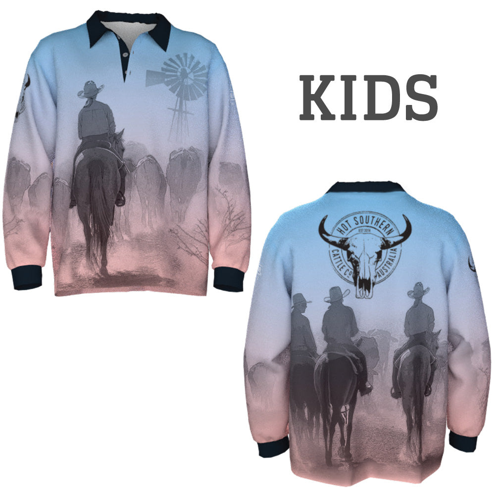 Cattle Co Kids Fishing Shirt - Blue & Peach Drover