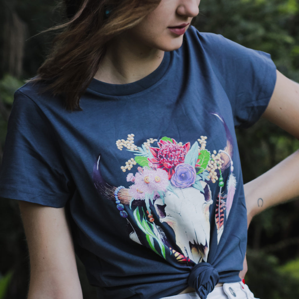 Australian Floral Cow Skull Ladies Petrol Blue Tee