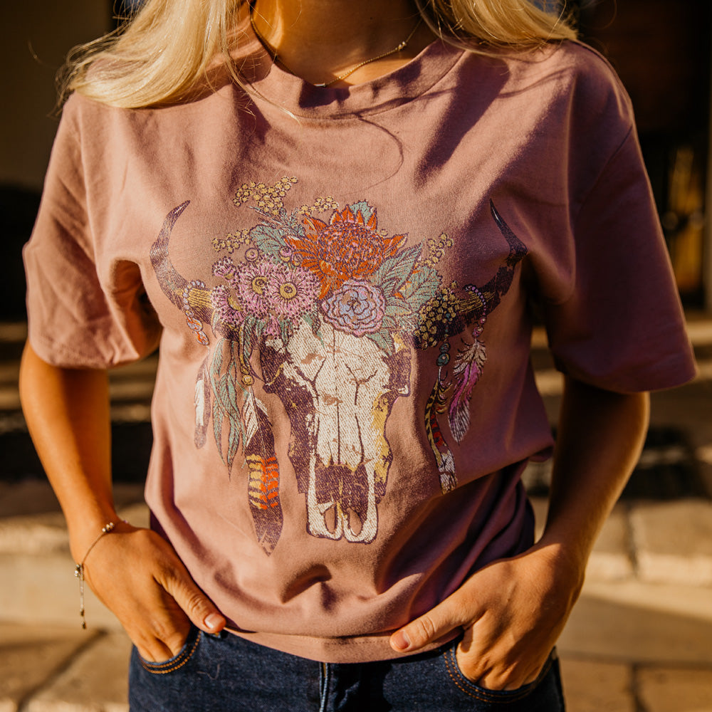 Rustic Cow Skull Ladies Blush Boxy Fit Tee