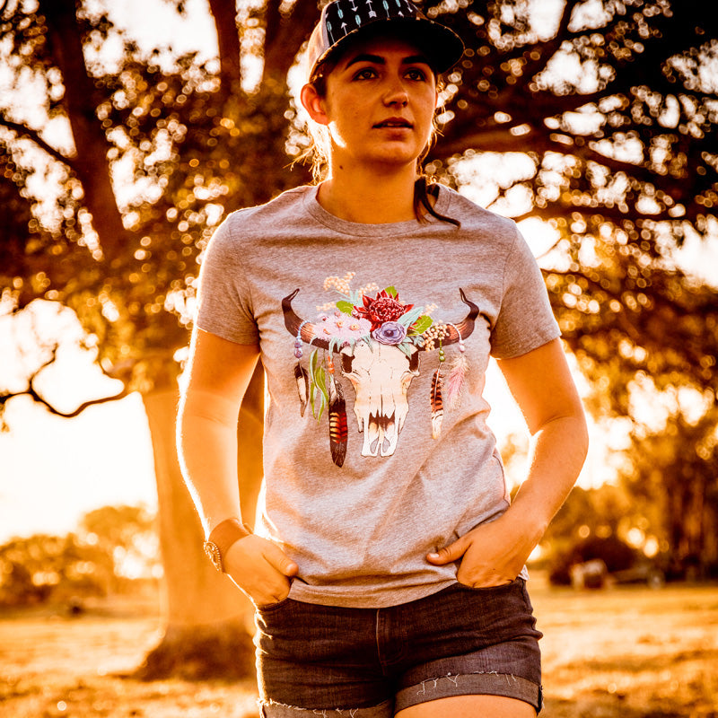 Australian Floral Cow Skull Ladies Grey Marle Tee