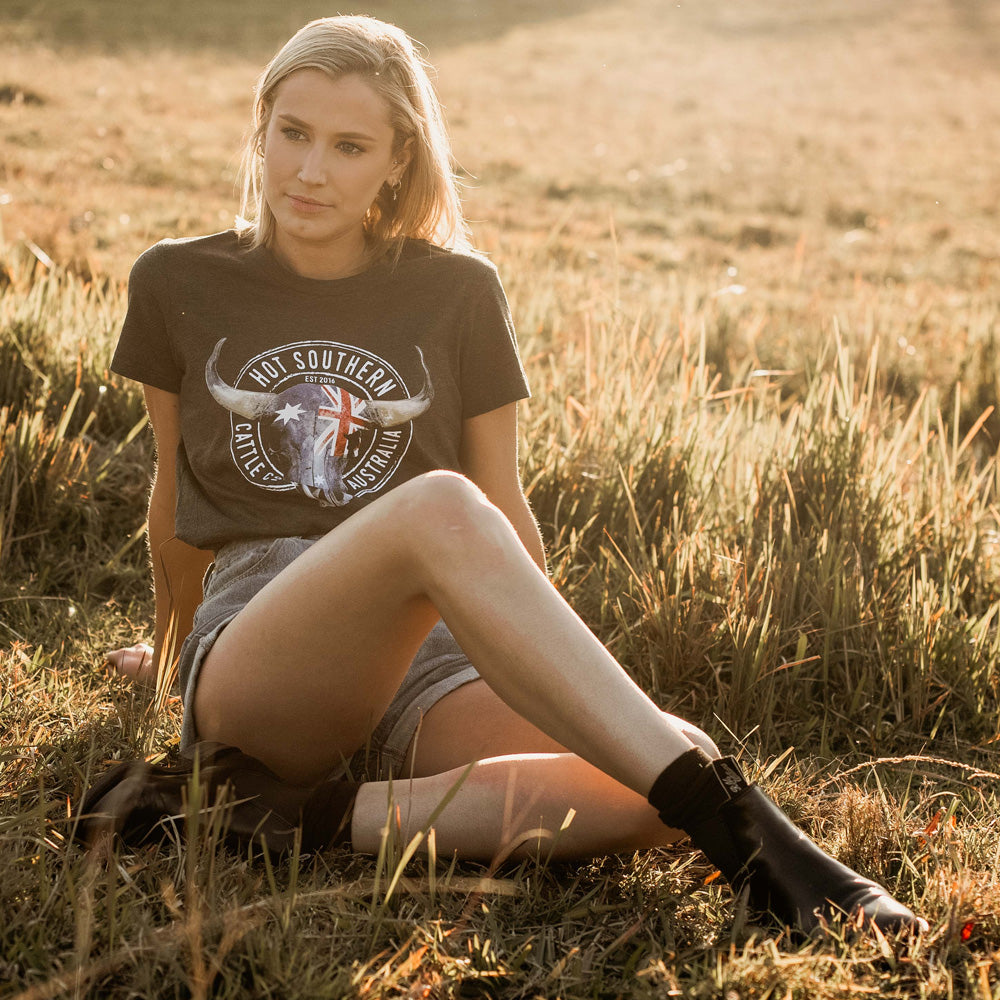 Aussie Flag Cattle Co Ladies Charcoal Marle Tee