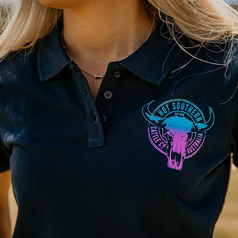 Turquoise/Purple Cattle Co Ladies Navy Pique Polo