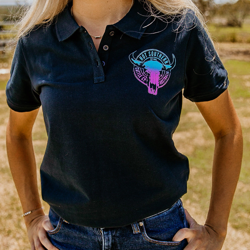 Turquoise/Purple Cattle Co Ladies Navy Pique Polo