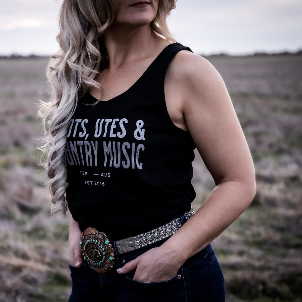 Boots, Utes & Country Music Ladies Black Singlet