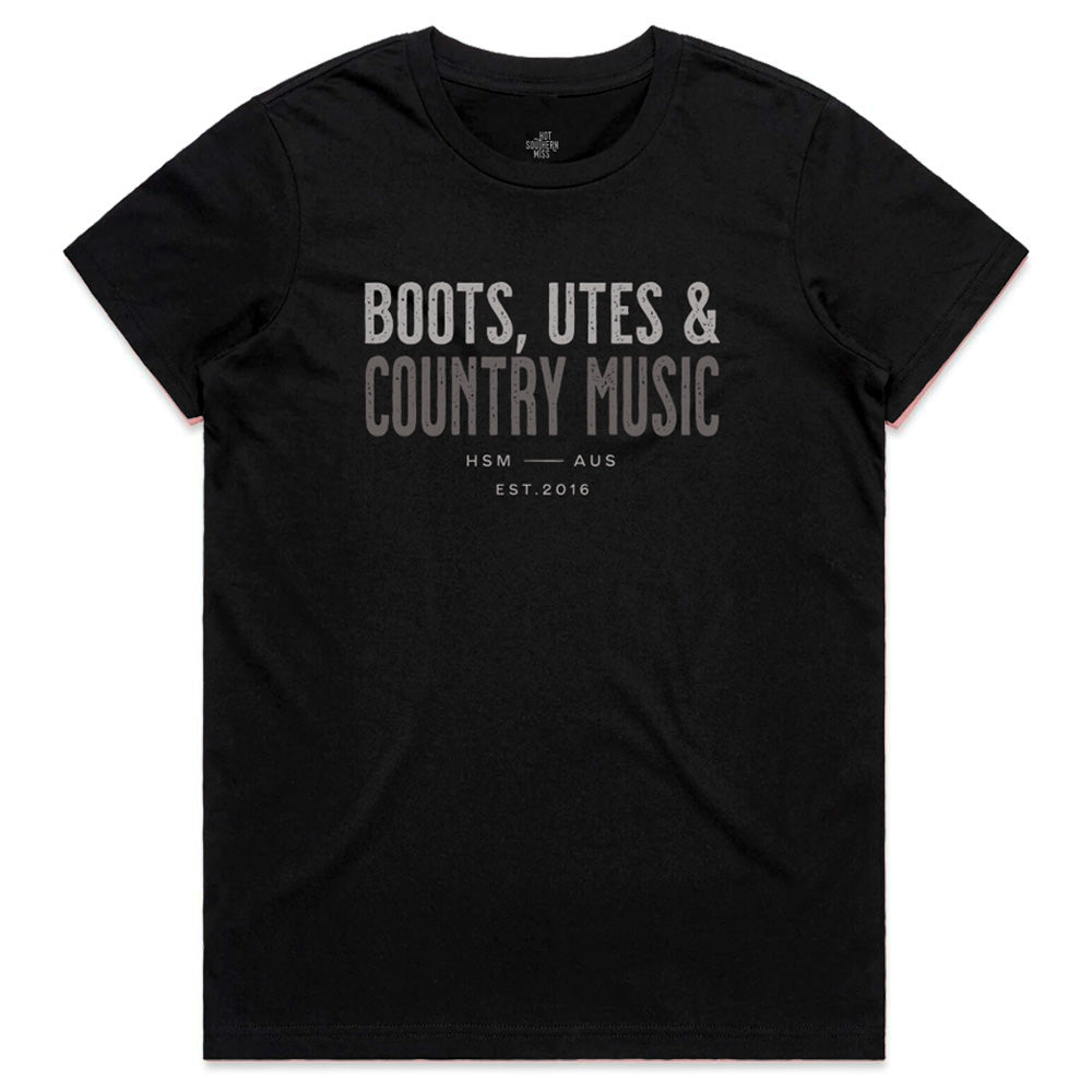 Boots, Utes & Country Music Ladies Black Tee