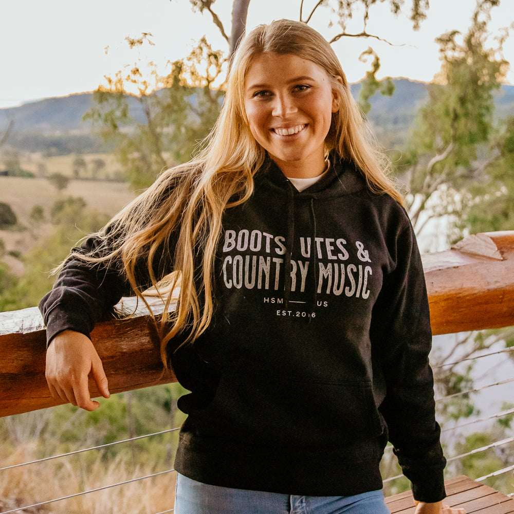 Boots, Utes & Country Music Unisex Fleece Black Hoodie