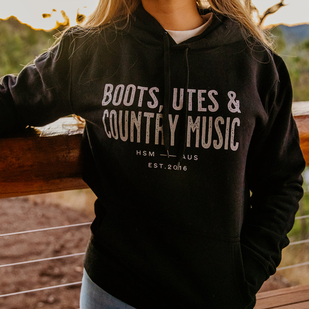 Boots, Utes & Country Music Unisex Fleece Black Hoodie
