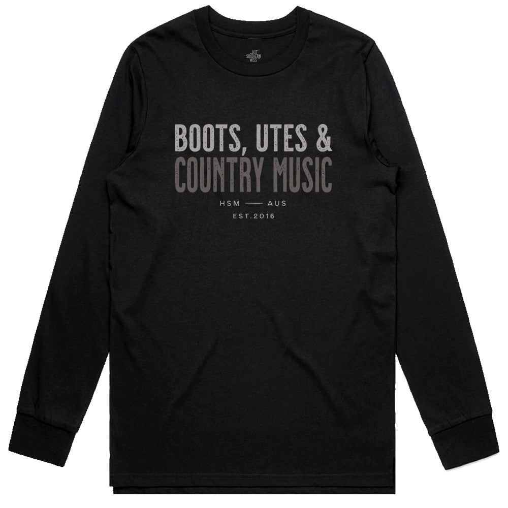 Boots, Utes & Country Music Unisex Long Sleeve Black Tee