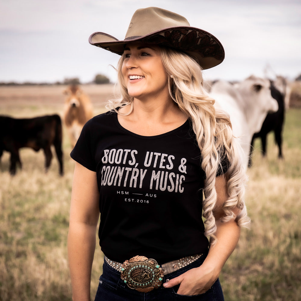 Boots, Utes & Country Music Ladies Scoop Black Tee