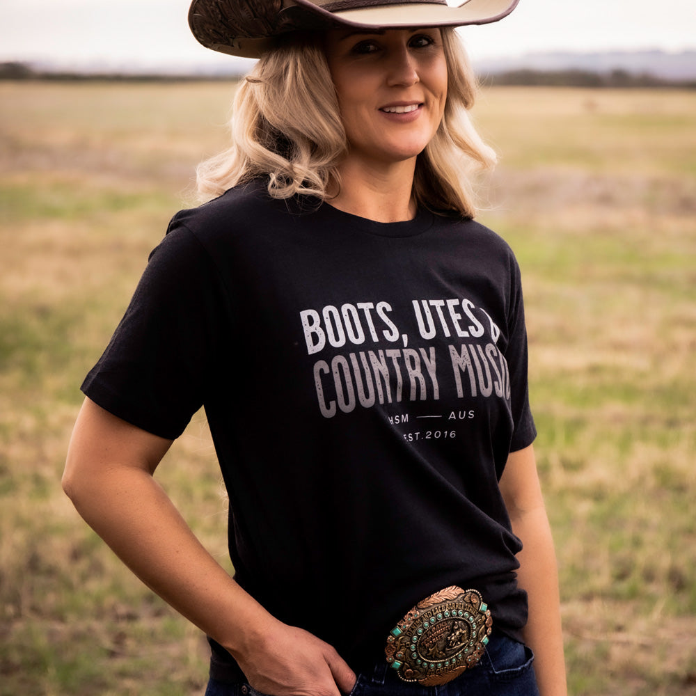 Boots, Utes & Country Music Unisex Black Tee