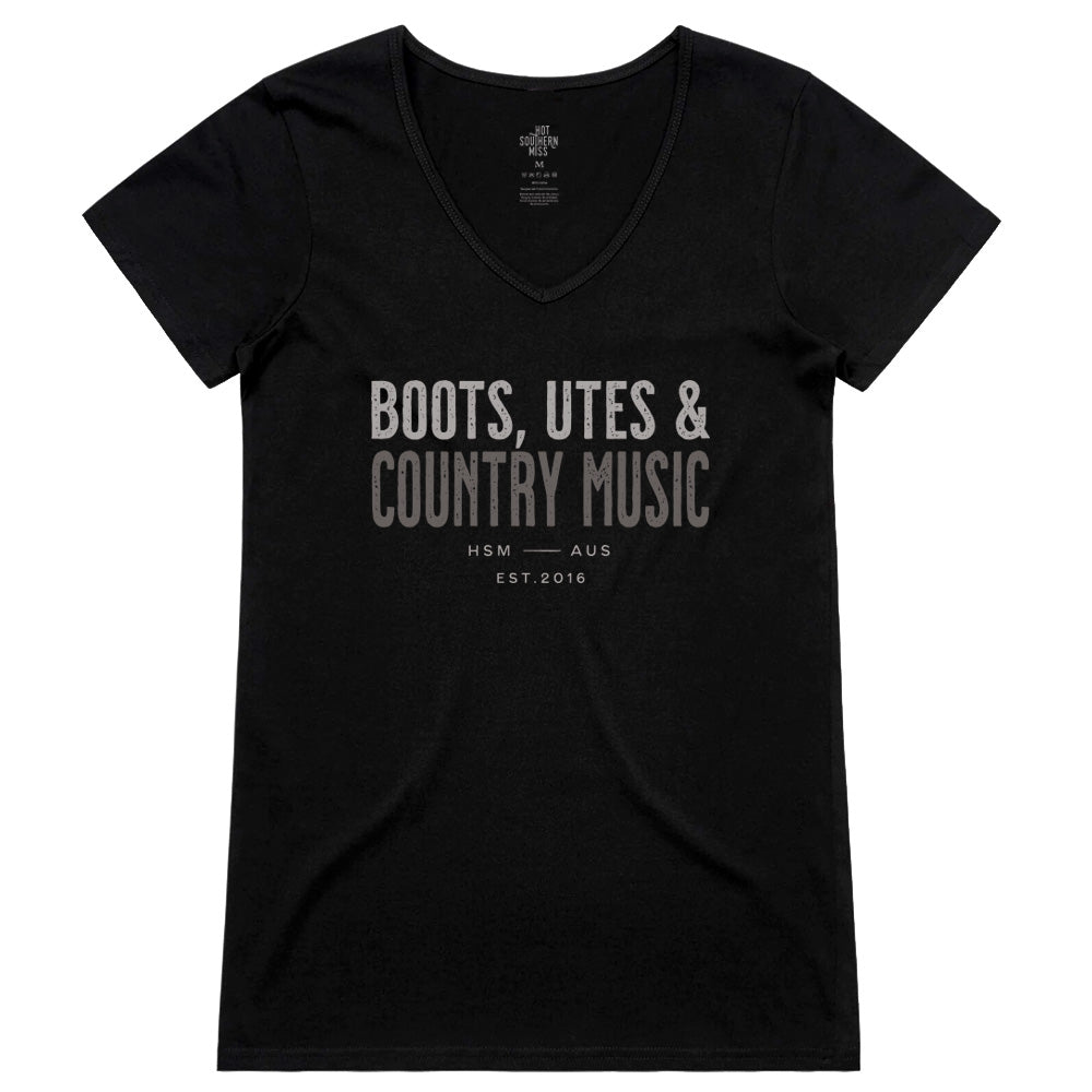 Boots, Utes & Country Music Ladies V-Neck Black Tee