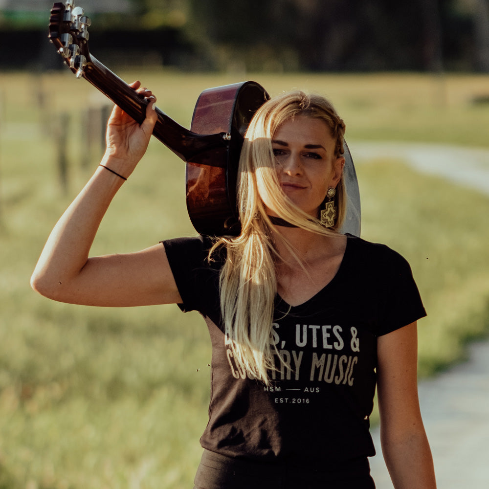 Boots, Utes & Country Music Ladies V-Neck Black Tee