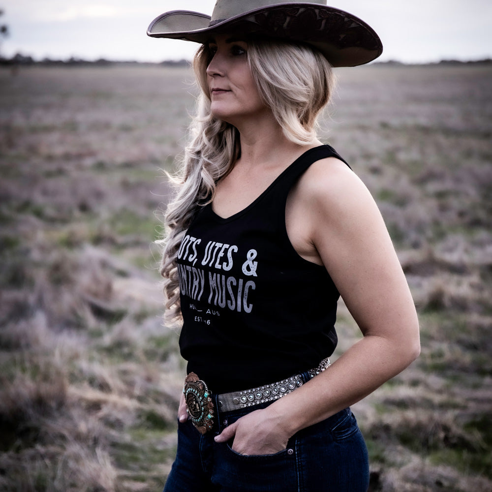 Boots, Utes & Country Music Ladies Black Singlet