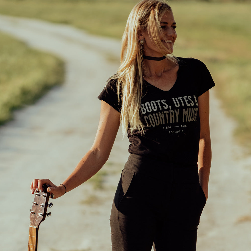 Boots, Utes & Country Music Ladies V-Neck Black Tee