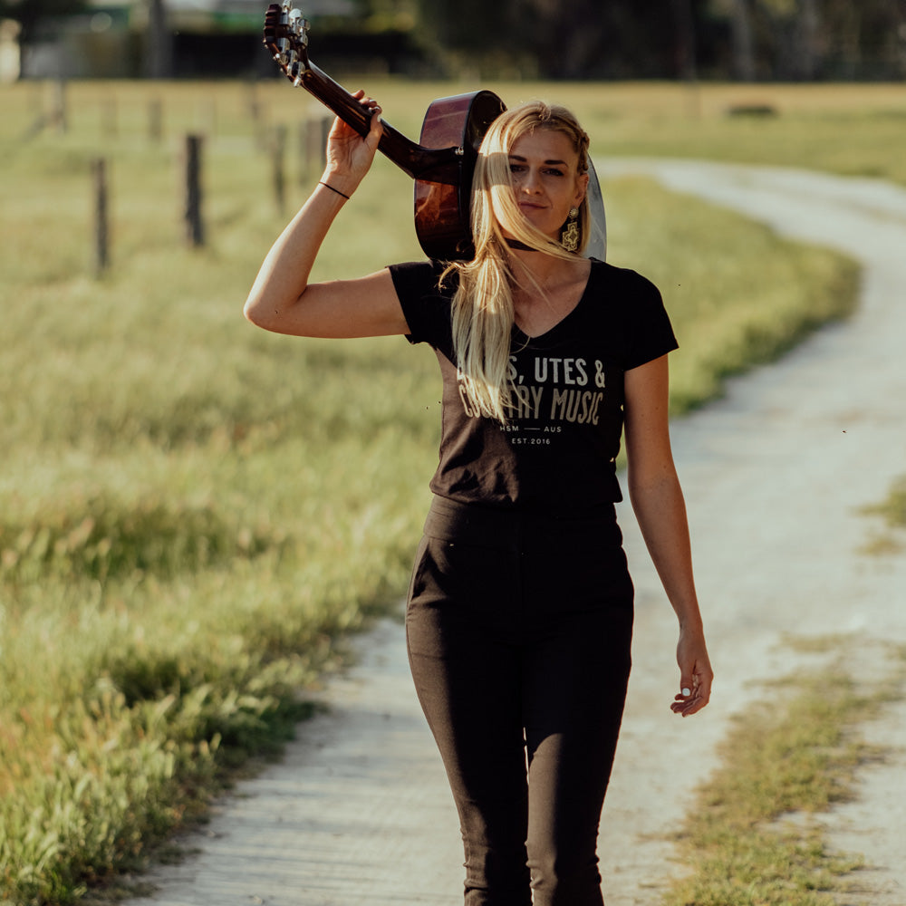 Boots, Utes & Country Music Ladies V-Neck Black Tee