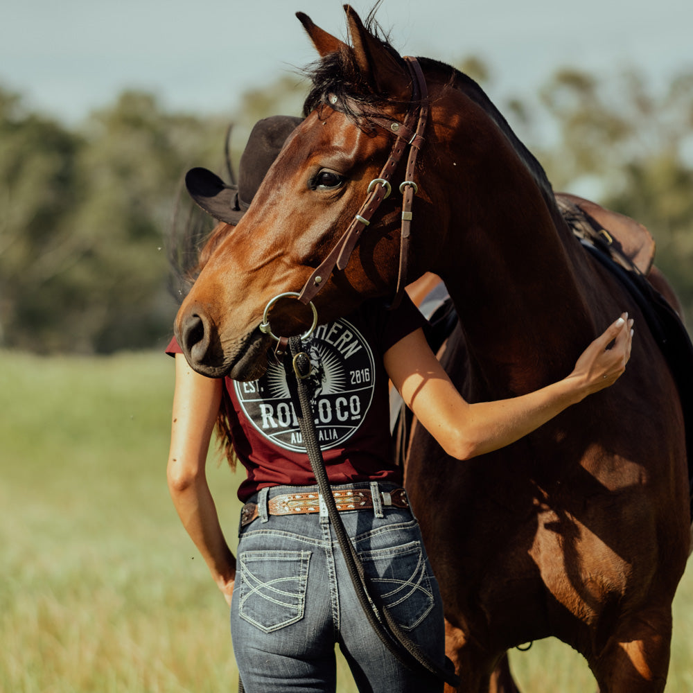 Bull Rodeo Co Ladies Scoop Maroon Tee