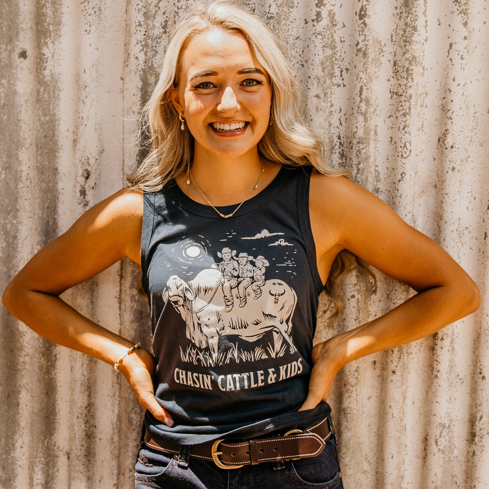 Chasin' Cattle And Kids Ladies Navy Singlet