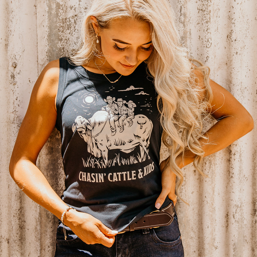 Chasin' Cattle And Kids Ladies Navy Singlet