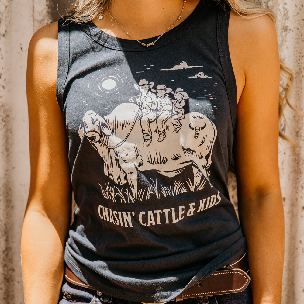 Chasin' Cattle And Kids Ladies Navy Singlet