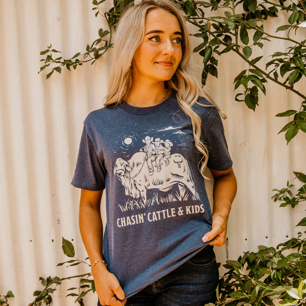 Chasin' Cattle and Kids Unisex Navy Marle Tee