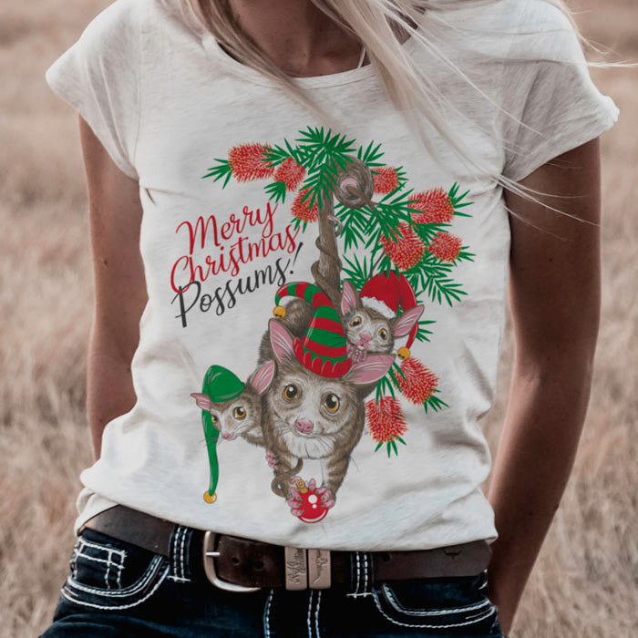 Merry Christmas Possums Ladies Scoop Cream Tee