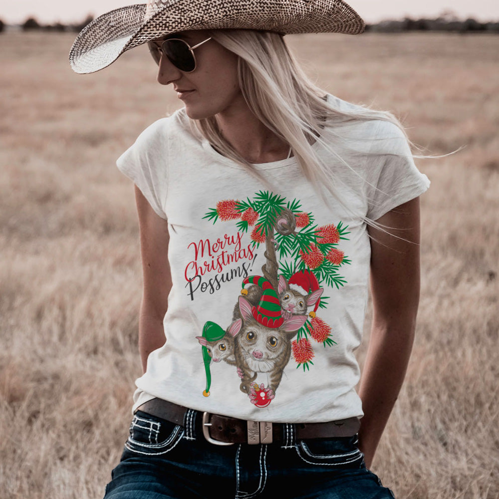 Merry Christmas Possums Ladies Scoop Cream Tee