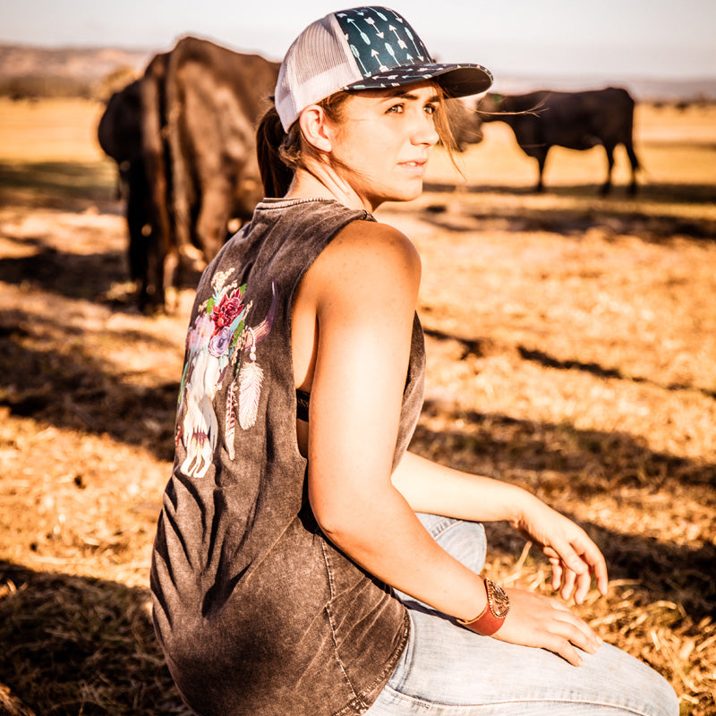 Australian Floral Cow Skull Unisex Stonewash Black Muscle Tank