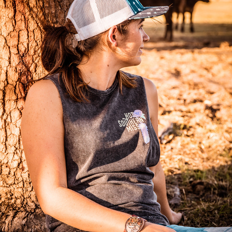 Australian Floral Cow Skull Unisex Stonewash Black Muscle Tank