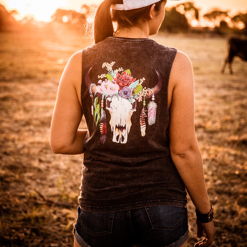 Australian Floral Cow Skull Unisex Stonewash Black Muscle Tank