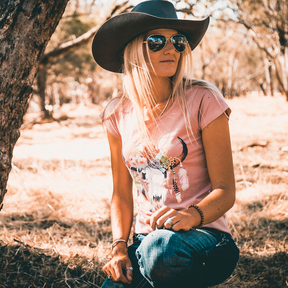 Australian Floral Cow Skull Ladies Scoop Pink Tee