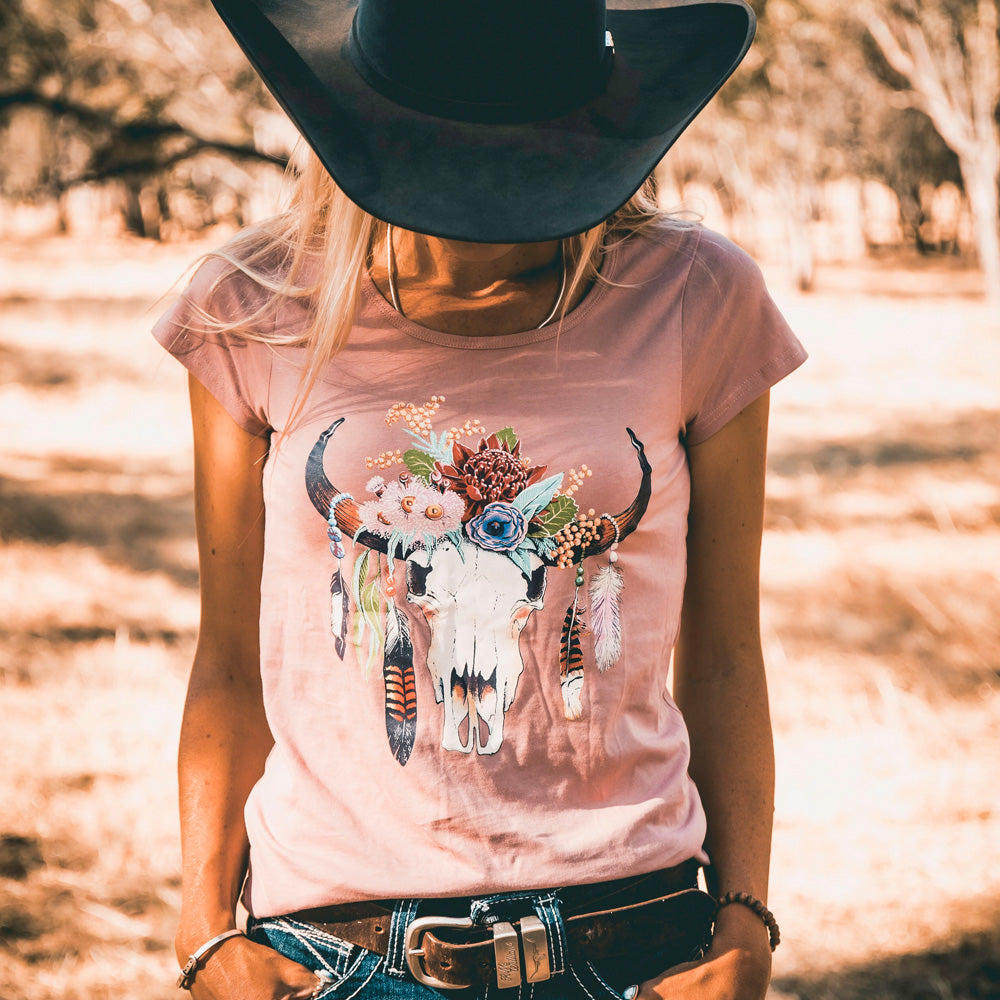 Australian Floral Cow Skull Ladies Scoop Pink Tee