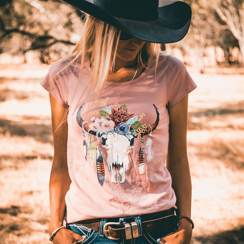 Australian Floral Cow Skull Ladies Scoop Pink Tee